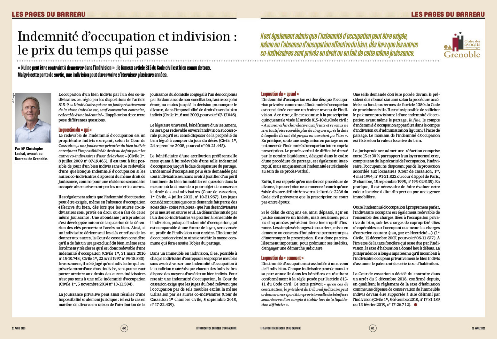 Article LES AFFICHES 21 avril 2023 INDEMNITES D'OCCUPATION ET INDIVISION